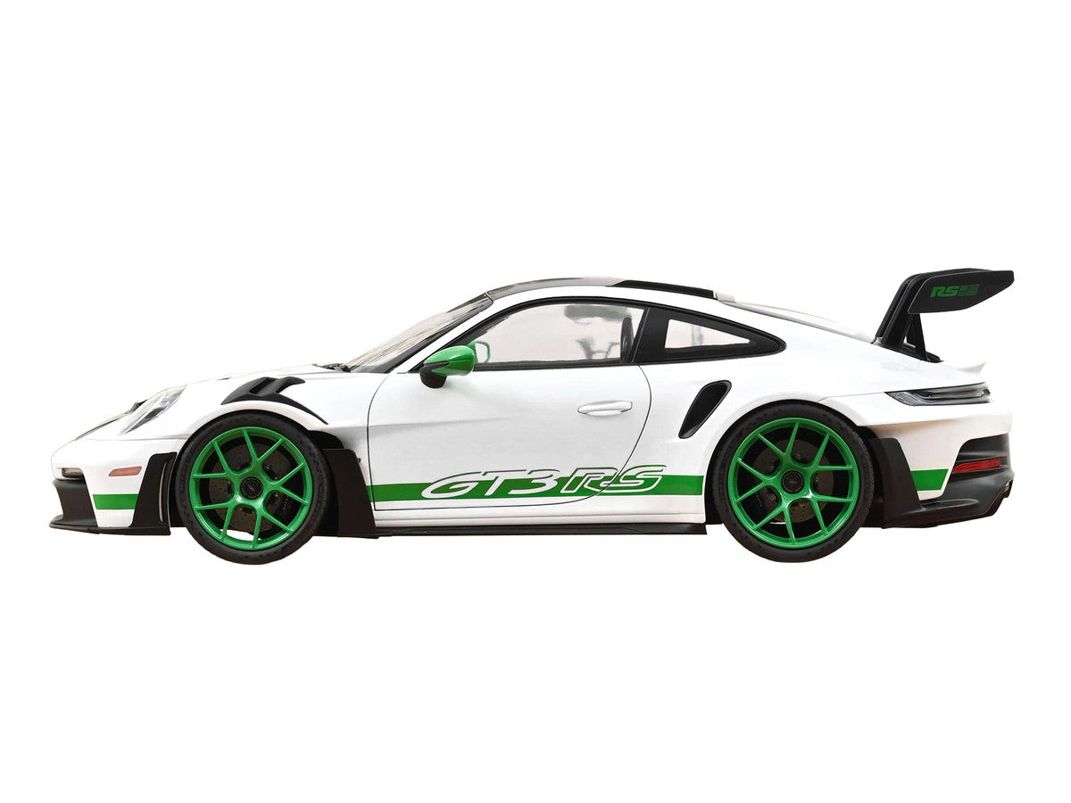 2022 Porsche 911 GT3 RS with Weissach Pack "Tribute to Carrera RS" White with Carbon Hood and Top and Python Green Stripes 1/12 Diecast Model Car by Norev-3