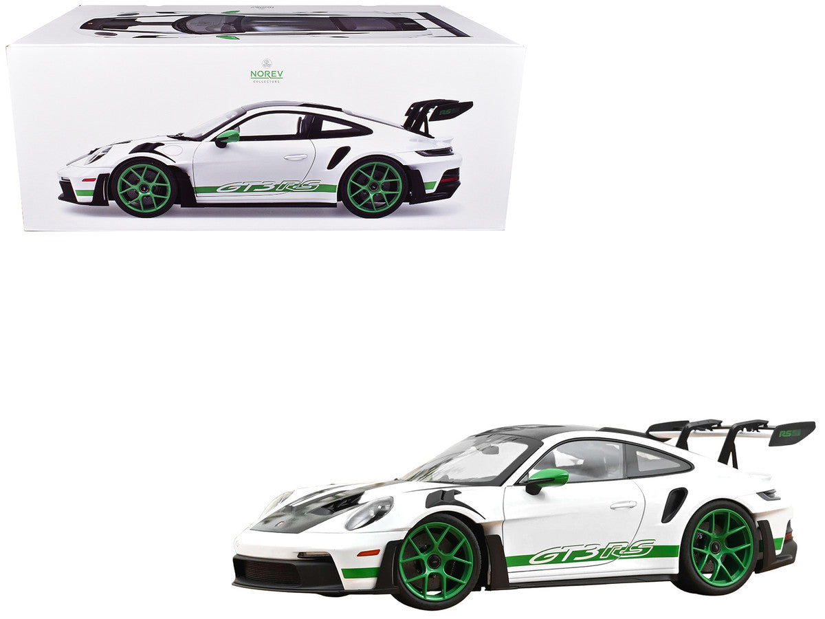 2022 Porsche 911 GT3 RS with Weissach Pack "Tribute to Carrera RS" White with Carbon Hood and Top and Python Green Stripes 1/12 Diecast Model Car by Norev-0