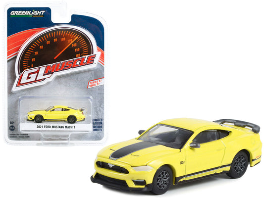 2021 Ford Mustang Mach 1 Grabber Yellow with Black Stripes "Greenlight Muscle" Series 27 1/64 Diecast Model Car by Greenlight by Greenlight