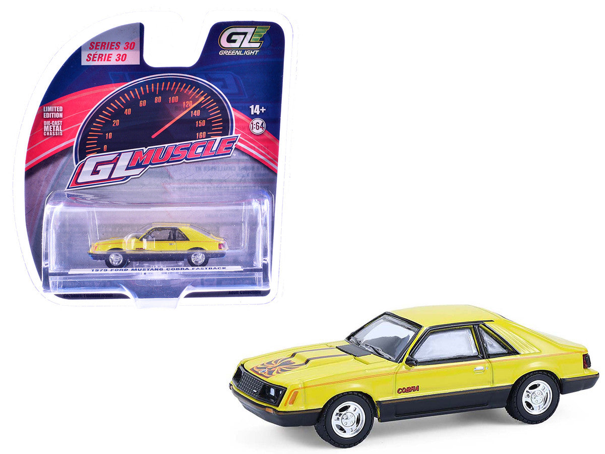 1979 Ford Mustang Cobra Fastback Bright Yellow with Cobra Good Graphics "GreenLight Muscle" Series 30 1/64 Diecast Model Car by Greenlight by Greenlight