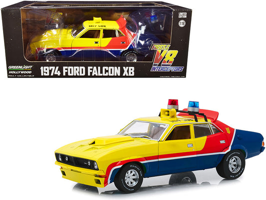 1974 Ford Falcon XB 4-Door Sedan RHD (Right Hand Drive) Yellow and Blue with Red Stripes "MFP 508" "First of the V8 Interceptors" (1979) Movie 1/18 Diecast Model Car by Greenlight by Greenlight