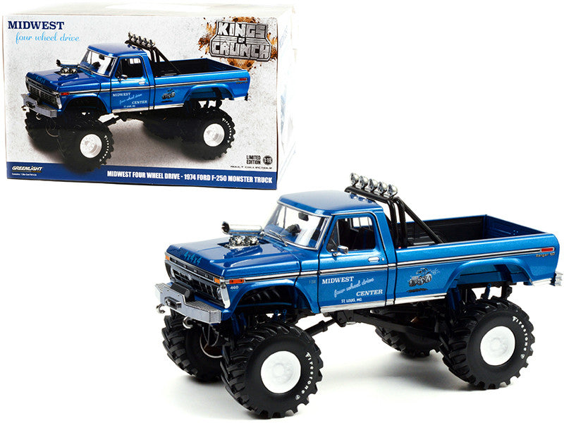 1974 Ford F-250 Ranger XLT Monster Truck with 48-Inch Tires Blue Metallic "Midwest Four Wheel Drive Center" "Kings of Crunch" Series 1/18 Diecast Model Car by Greenlight by Greenlight