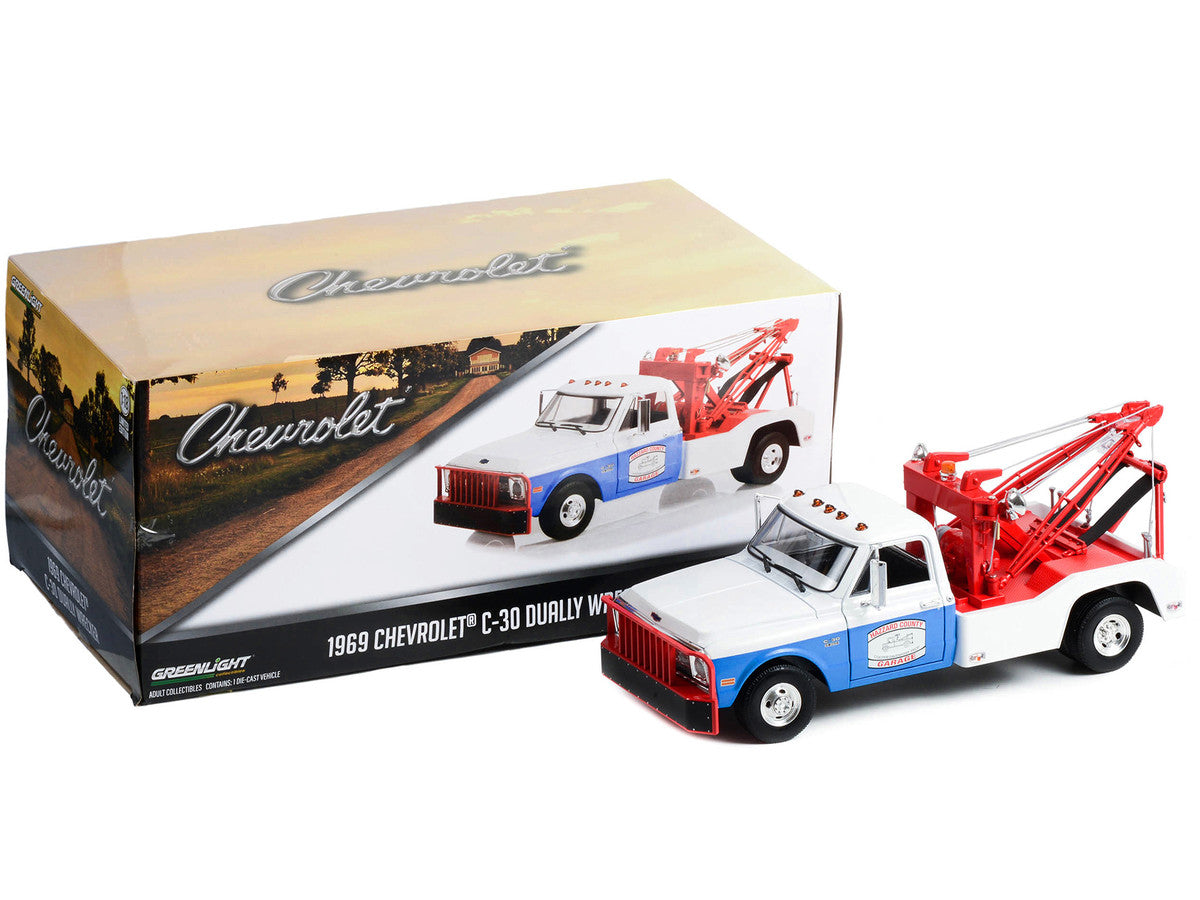 1969 Chevrolet C-30 Dually Wrecker Tow Truck White and Blue "Hazzard County Garage" 1/18 Diecast Model Car by Greenlight by Greenlight