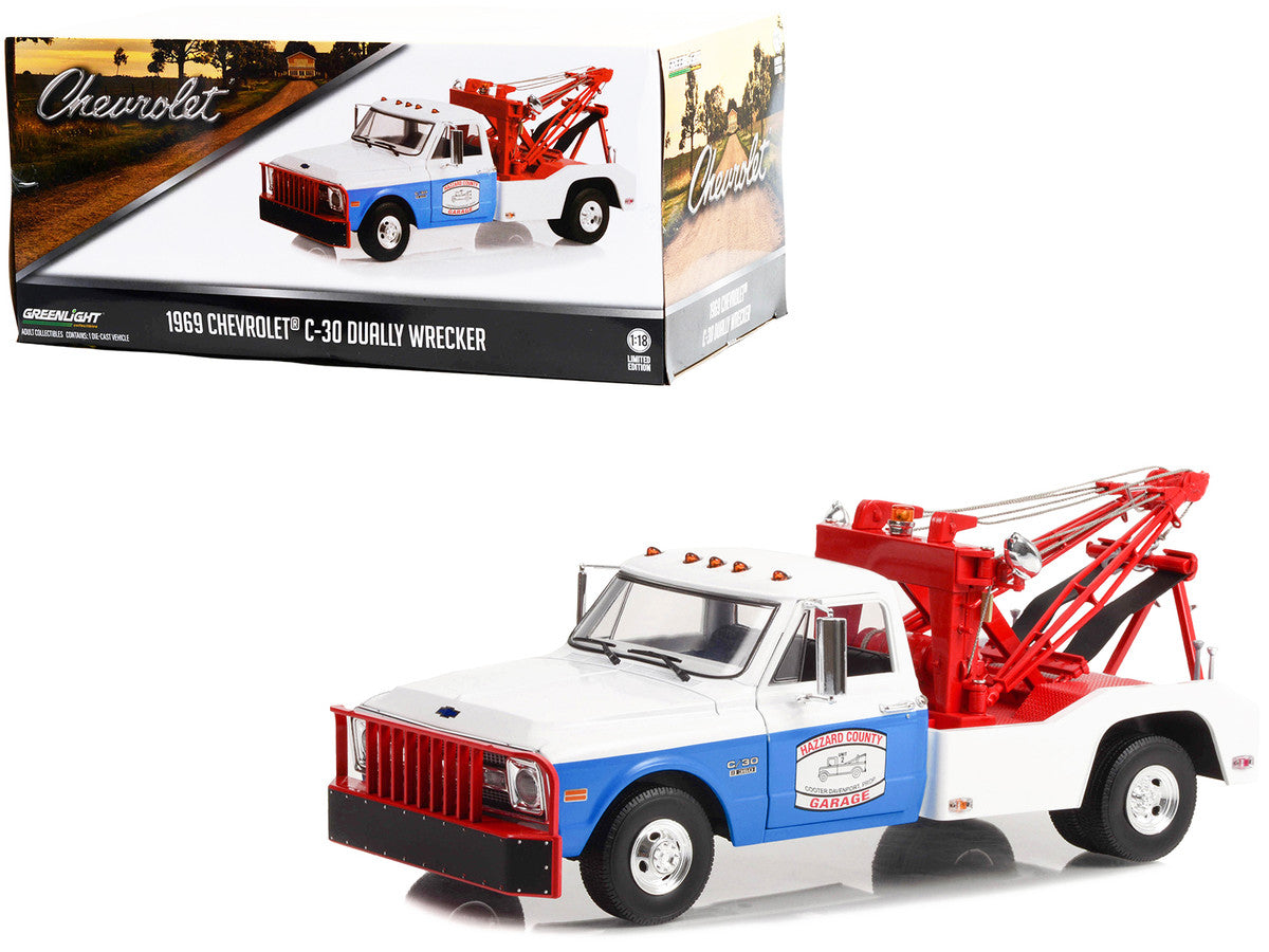 1969 Chevrolet C-30 Dually Wrecker Tow Truck White and Blue "Hazzard County Garage" 1/18 Diecast Model Car by Greenlight by Greenlight