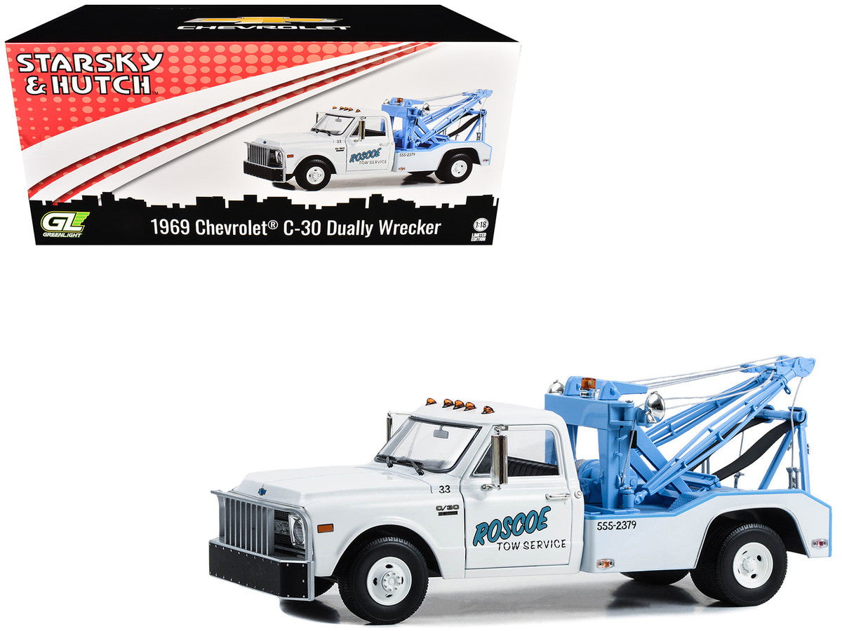 1969 Chevrolet C-30 Dually Wrecker Tow Truck "Roscoe Tow Service" White "Starsky and Hutch" (1975-1979) TV Series 1/18 Diecast Model Car by Greenlight by Greenlight