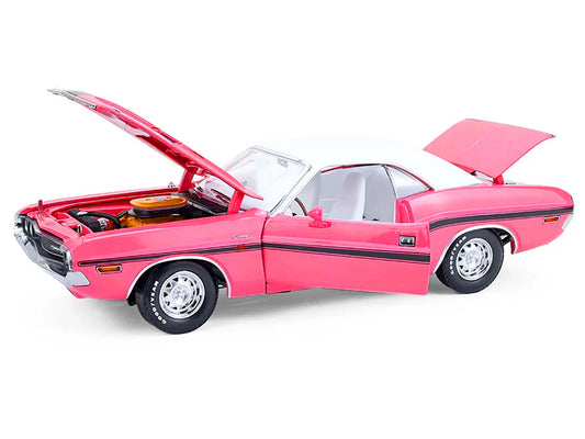 1970 Dodge Challenger R/T 440 Six Pack Panther Pink with Black Stripes White Top and White Interior 1/18 Diecast Model Car by Greenlight by Greenlight