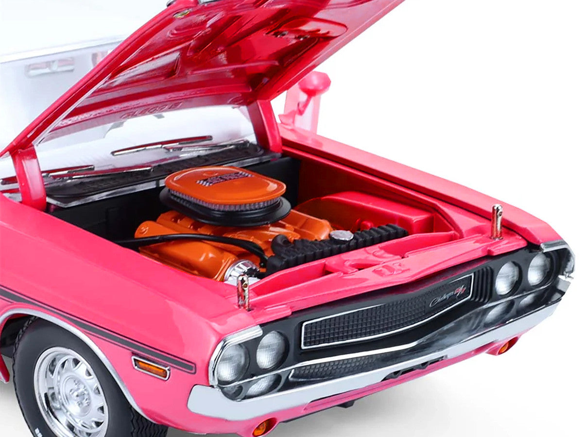 1970 Dodge Challenger R/T 440 Six Pack Panther Pink with Black Stripes White Top and White Interior 1/18 Diecast Model Car by Greenlight by Greenlight