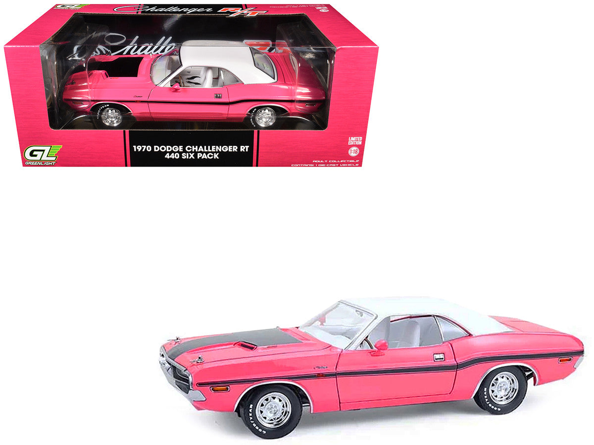 1970 Dodge Challenger R/T 440 Six Pack Panther Pink with Black Stripes White Top and White Interior 1/18 Diecast Model Car by Greenlight by Greenlight