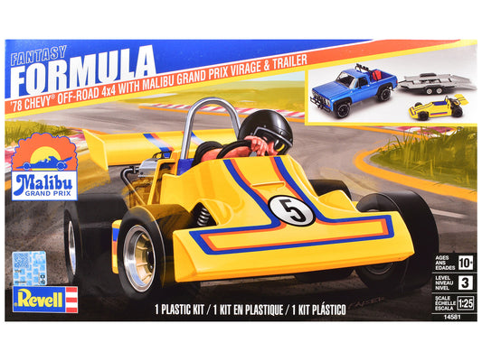 Level 3 Model Kit 1978 Chevrolet Off-Road 4x4 Pickup Truck and "Malibu Grand Prix" Virage with Trailer "Fantasy Formula" 1/25 Scale Model by Revell by Revell