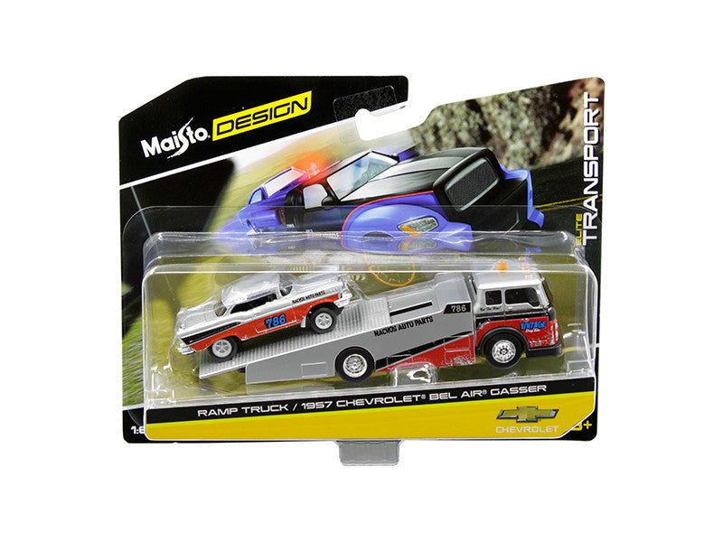 1957 Chevrolet Bel Air Gasser #786 Silver and Red with Ramp Tow Truck "Elite Transport" 1/64 Diecast Models by Maisto by Maisto