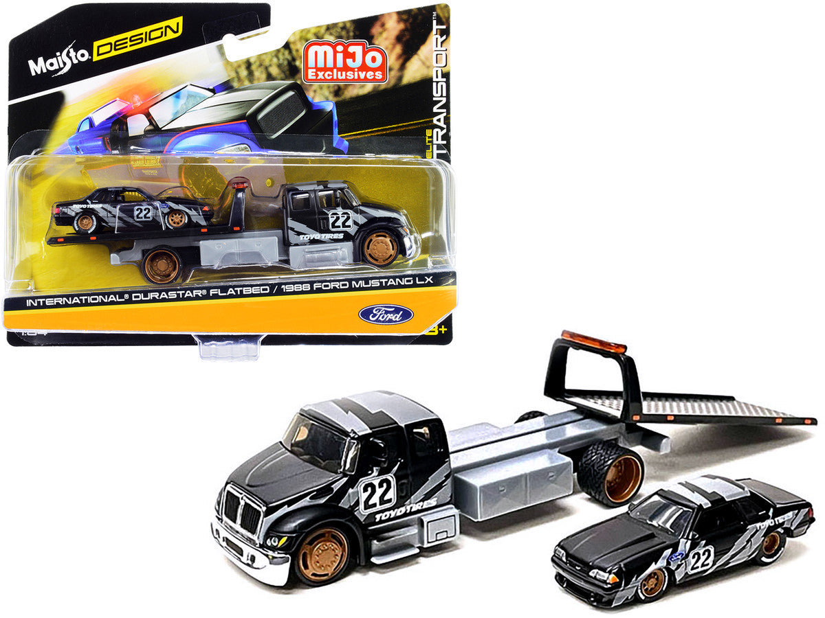 International DuraStar Flatbed Truck #22 and 1988 Ford Mustang LX #22 Matt Black with Gray Graphics "Toyo Tires" "Elite Transport" Series 1/64 Diecast Models by Maisto by Maisto