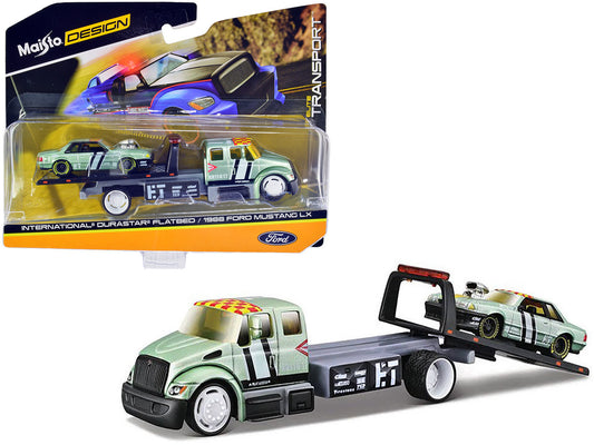 International DuraStar Flatbed Truck #17 and 1988 Ford Mustang LX #17 Light Green Metallic with Stripes and Graphics "Elite Transport" Series 1/64 Diecast Models by Maisto by Maisto