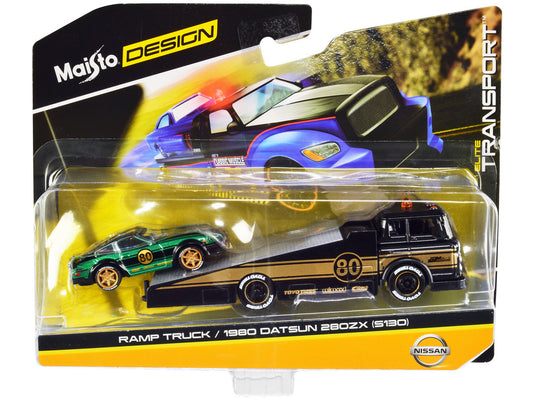 Ramp Truck #80 Dark Gray Metallic with Gold Metallic Stripes "JDM Garage" and 1980 Datsun 280ZX (S130) #80 Green Metallic with Stripes "Elite Transport" Series 1/64 Diecast Models by Maisto by Maisto