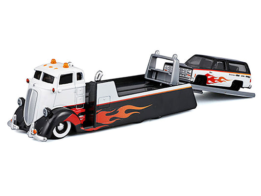 COE Flatbed Truck White and Black with Flame Graphics and 1979 Chevrolet K5 Blazer Black and White with Flame Graphics "Elite Transport" Series 1/64 Diecast Models by Maisto by Maisto