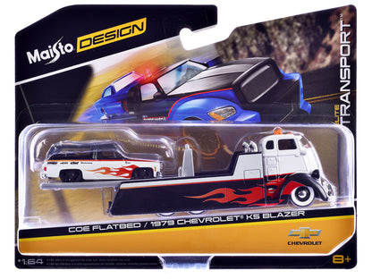 COE Flatbed Truck White and Black with Flame Graphics and 1979 Chevrolet K5 Blazer Black and White with Flame Graphics "Elite Transport" Series 1/64 Diecast Models by Maisto by Maisto