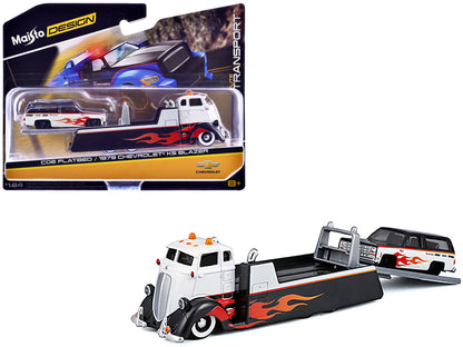COE Flatbed Truck White and Black with Flame Graphics and 1979 Chevrolet K5 Blazer Black and White with Flame Graphics "Elite Transport" Series 1/64 Diecast Models by Maisto by Maisto