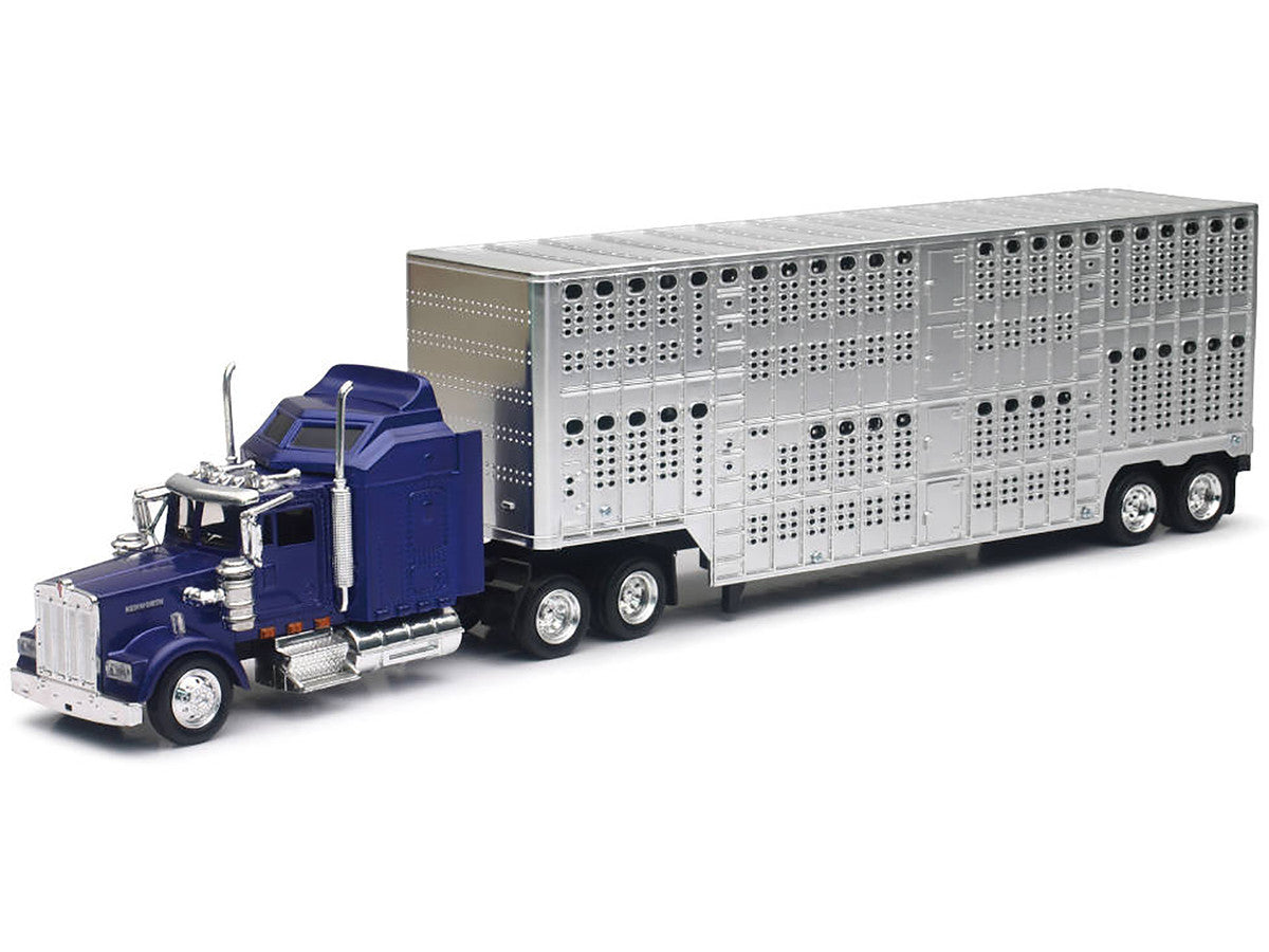 Kenworth W900 Truck Blue with Potbelly Livestock Trailer Chrome "Long Haul Truckers" Series 1/43 Diecast Model by New Ray by New Ray