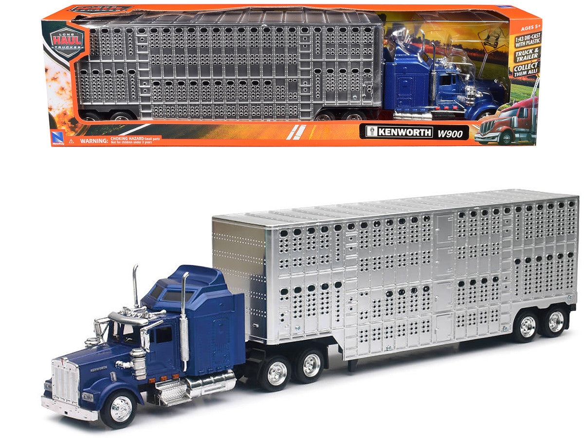 Kenworth W900 Truck Blue with Potbelly Livestock Trailer Chrome "Long Haul Truckers" Series 1/43 Diecast Model by New Ray by New Ray