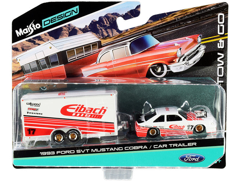 1993 Ford SVT Mustang Cobra #17 with Enclosed Car Trailer "Eibach" White with Red Stripes "Tow & Go" Series 1/64 Diecast Model Cars by Maisto by Maisto