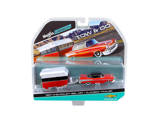 1957 Chevrolet Bel Air with Alameda Trailer Red Tow & Go 1/64 Diecast Model by Maisto by Maisto