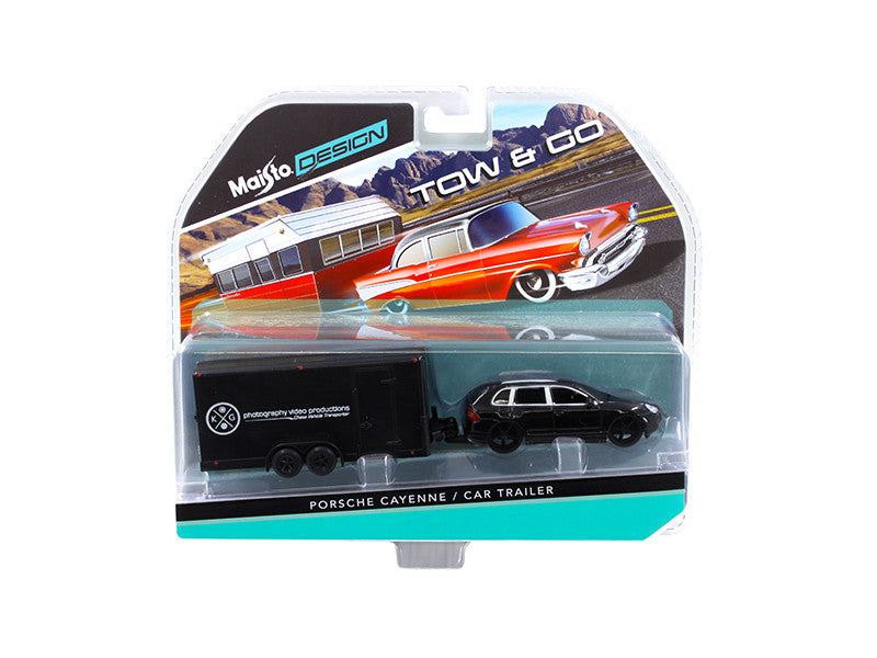 Porsche Cayenne Black and Car Trailer Tow & Go 1/64 Diecast Model by Maisto by Maisto