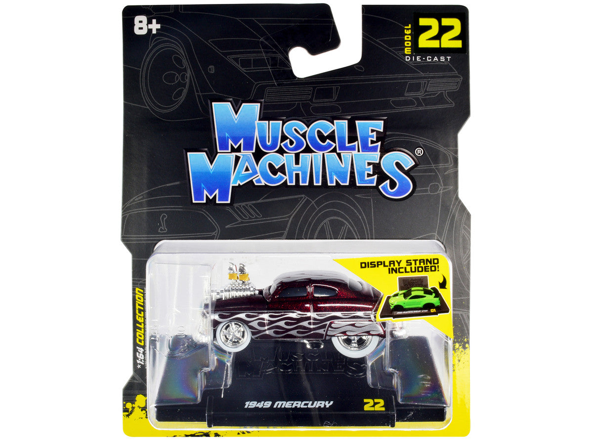1949 Mercury Custom Coupe Dark Red Metallic with Flames 1/64 Diecast Model Car by Muscle Machines by Muscle Machines