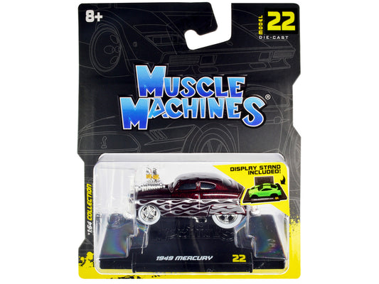 1949 Mercury Custom Coupe Dark Red Metallic with Flames 1/64 Diecast Model Car by Muscle Machines by Muscle Machines