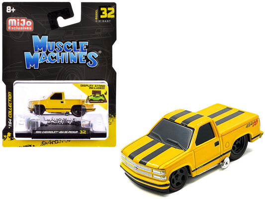 1993 Chevrolet 454 SS Pickup Truck Yellow with Black Stripes 1/64 Diecast Model Car by Muscle Machines by Muscle Machines