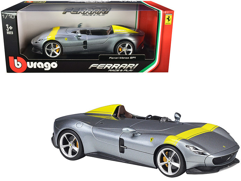 Ferrari Monza SP1 Silver Metallic with Yellow Stripes 1/18 Diecast Model Car by Bburago by Bburago