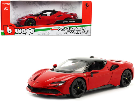 Ferrari SF90 Stradale Red with Black Top "Race + Play" Series 1/18 Diecast Model Car by Bburago by Bburago