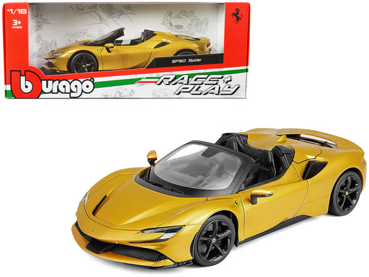 Ferrari SF90 Spider Gold Metallic "Race + Play" Series 1/18 Diecast Model Car by Bburago by Bburago