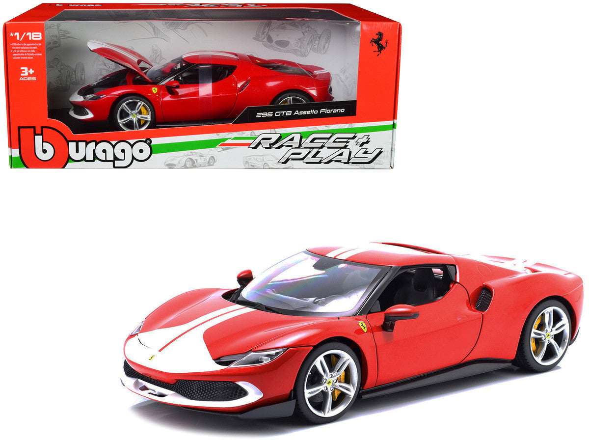 Ferrari 296 GTB Assetto Fiorano Red with White Stripes "Race + Play" Series 1/18 Diecast Model Car by Bburago by Bburago