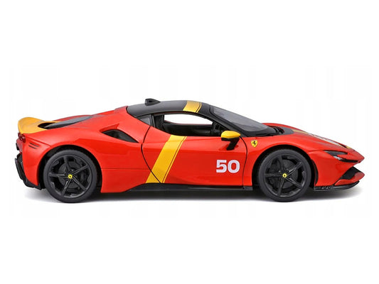 Ferrari SF90 Stradale Assetto Fiorano #50 Red with Black Top and Yellow Stripes "Race + Play" Series 1/18 Diecast Model Car by Bburago by Bburago