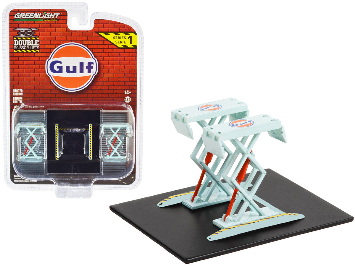 Automotive Double Scissor Lift "Gulf Oil" Light Blue "Double Scissor Lifts" Series 1 1/64 Diecast Model by Greenlight by Greenlight