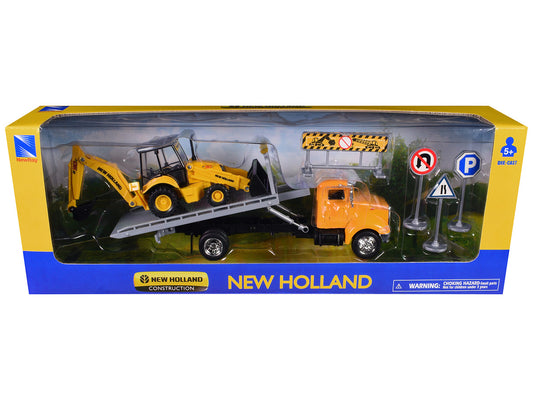 Peterbilt 335 Roll-Off Flatbed Truck and New Holland B110C Backhoe Loader with Street Signs "New Holland Construction" Diecast Models by New Ray by New Ray