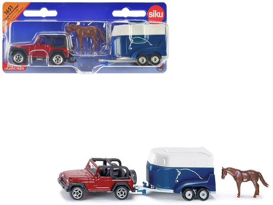 Jeep Red with Horse Trailer Blue and Horse Accessory Diecast Model by Siku by SIKU