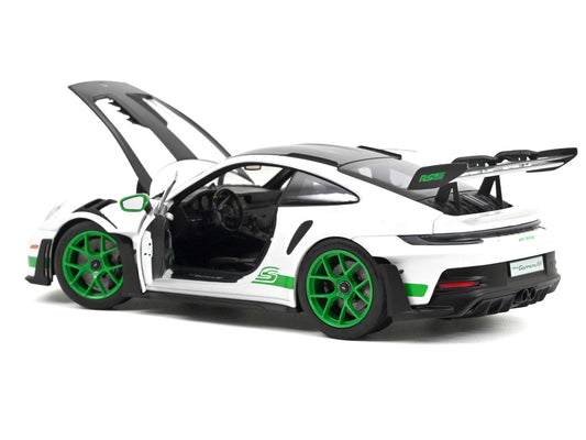 2022 Porsche 911 GT3 RS Weissach Pack White with Green Stripes And Carbon Hood and Top 1/18 Diecast Model Car by Norev by Norev