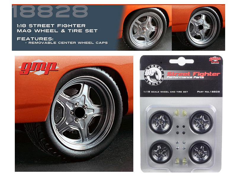 Street Fighter Mag Wheel and Tire Set of 4 pieces from "1970 Plymouth RoadRunner "The Hammer" "Fast & Furious" Movie 1/18 by GMP by GMP
