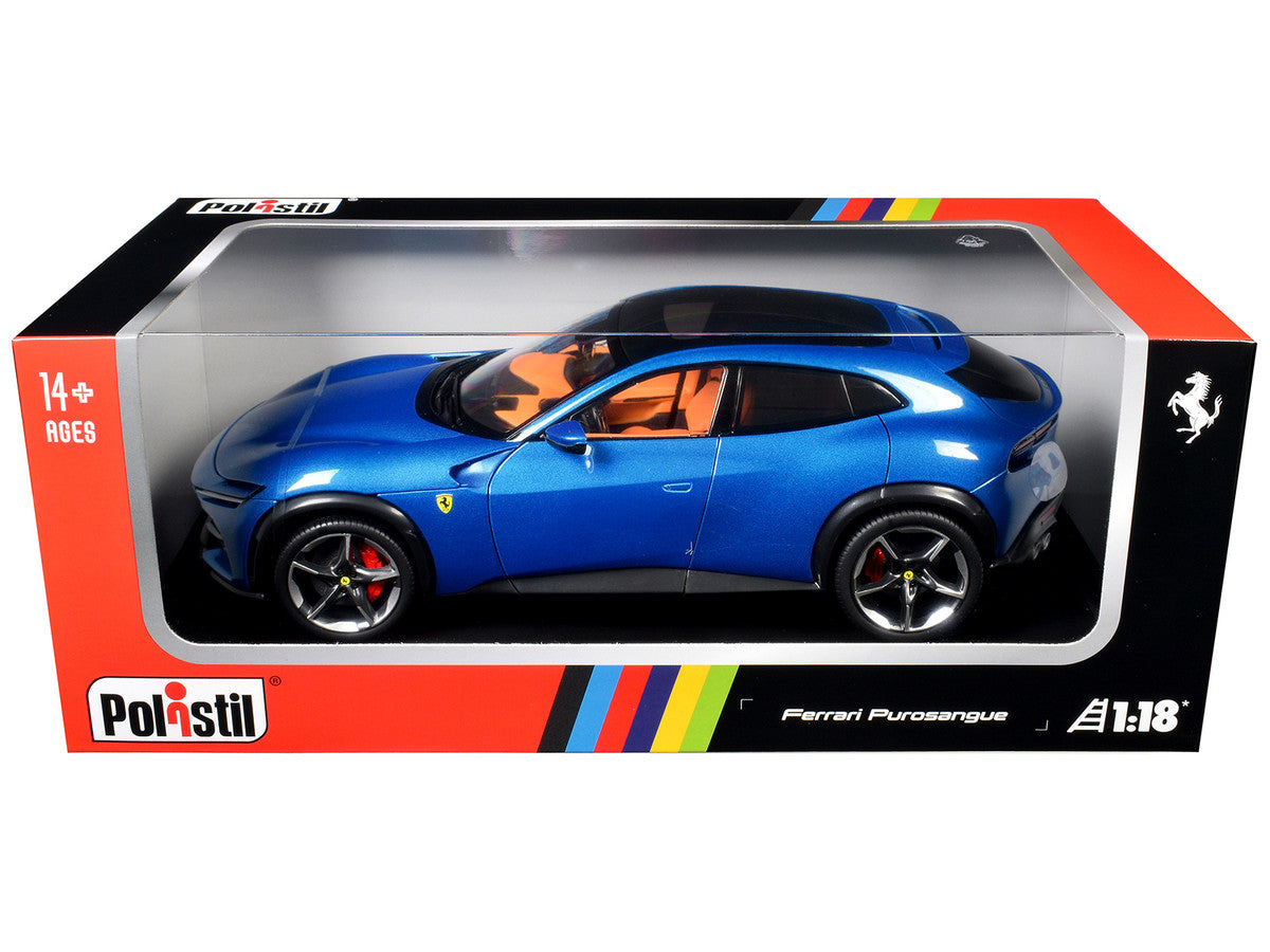 2022 Ferrari Purosangue Blu Corsa Blue Metallic with Black Top and Orange Interior 1/18 Diecast Model Car by Polistil by Polistil