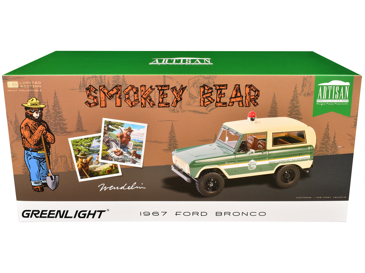 1967 Ford Bronco "Smokey Bear Forest Ranger" Green and Cream with White Stripes "Artisan Collection" 1/18 Diecast Model Car by Greenlight by Greenlight