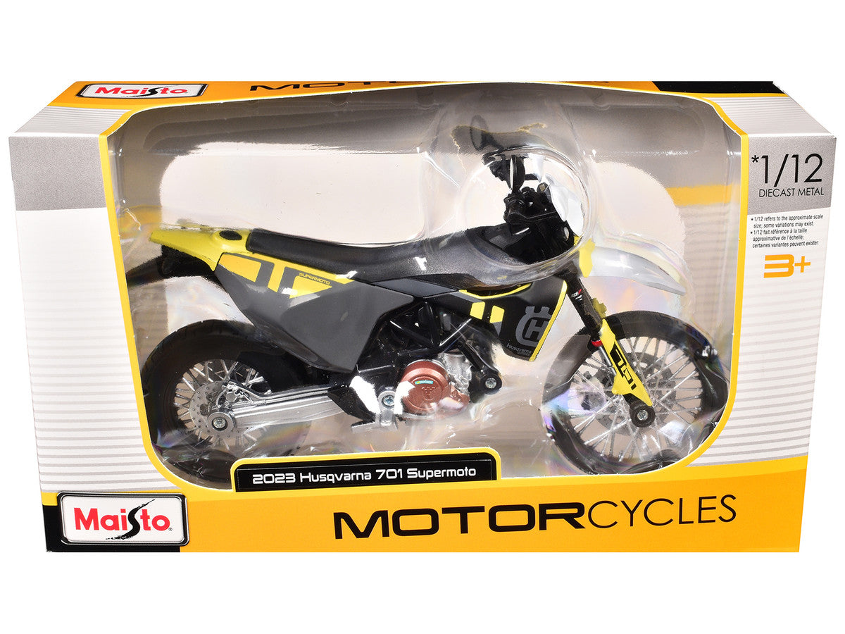 2023 Husqvarna 701 Supermoto Motorcycle Matt Black and Gray with Yellow and White Accents 1/12 Diecast Motorcycle Model by Maisto by Maisto