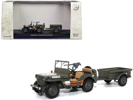 Willys Jeep 1/4-Ton Utility Truck Olive Drab with Trailer "United States Army" 1/43 Diecast Model by Militaria Die Cast by Militaria Die Cast