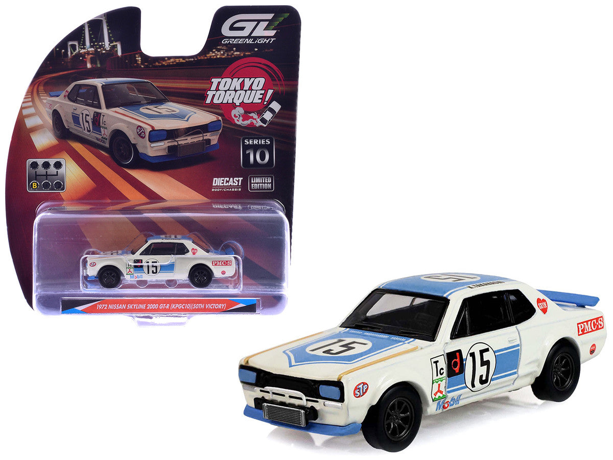 1972 Nissan Skyline 2000 GT-R (KPGC10) RHD (Right Hand Drive) #15 Kunimitsu Takahashi "50th Victory" White with Blue Stripe "Tokyo Torque" Series 10 1/64 Diecast Model Car by Greenlight by Greenlight