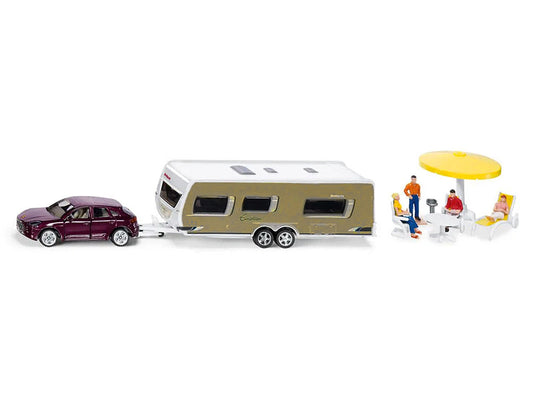 Porsche Macan Turbo Maroon Metallic and Dethleffs Exclusiv Emotion Caravan with Figures and Camp Accessories Set 1/55 Diecast Model by Siku by SIKU