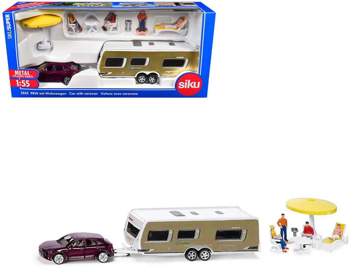 Porsche Macan Turbo Maroon Metallic and Dethleffs Exclusiv Emotion Caravan with Figures and Camp Accessories Set 1/55 Diecast Model by Siku by SIKU
