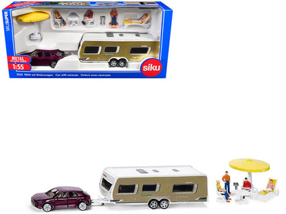 Porsche Macan Turbo Maroon Metallic and Dethleffs Exclusiv Emotion Caravan with Figures and Camp Accessories Set 1/55 Diecast Model by Siku by SIKU