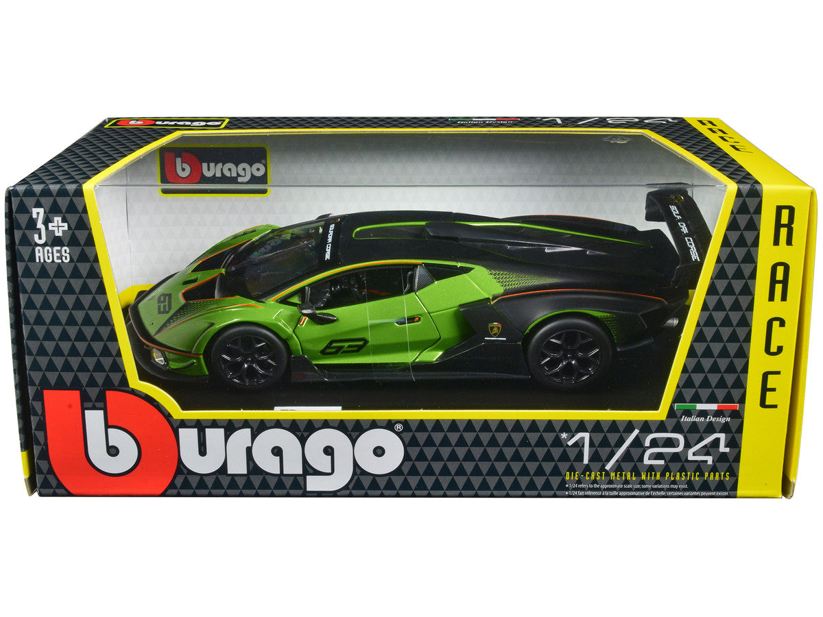 Lamborghini Essenza SCV12 #63 Green Metallic and Black "Squadra Corse" "Race" Series 1/24 Diecast Model Car by Bburago by Bburago