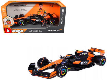 McLaren MCL38 #4 Lando Norris "OKX" Winner Formula One F1 "Miami GP" (2024) with Driver Figure "Race" Series 1/24 Diecast Model Car by Bburago by Bburago