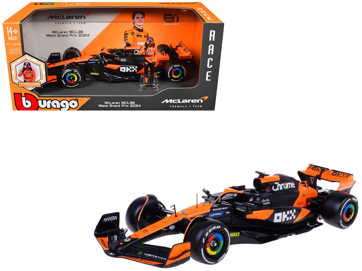 McLaren MCL38 #81 Oscar Piastri "OKX" Formula One F1 "Miami GP" (2024) with Driver Figure "Race" Series 1/24 Diecast Model Car by Bburago by Bburago