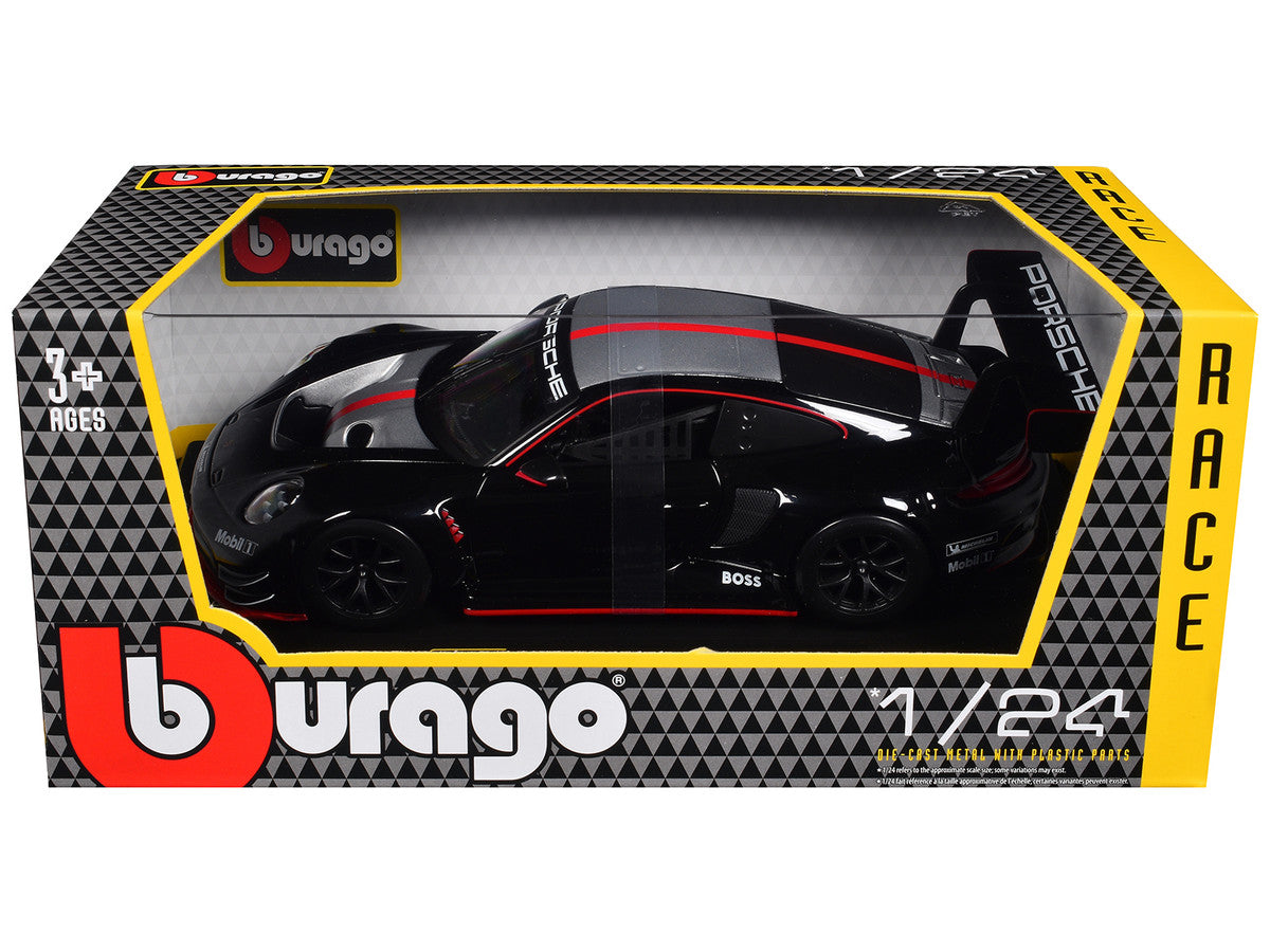 Porsche 911 GT3 R Black with Silver Hood and Top and Red Stripe "Race" Series 1/24 Diecast Model Car by Bburago by Bburago